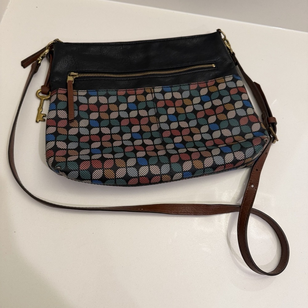 FOSSIL Fiona Crossbody Bag Handbag Black Multicolor Purse Shoulder Leather Bag - Picture 3 of 7